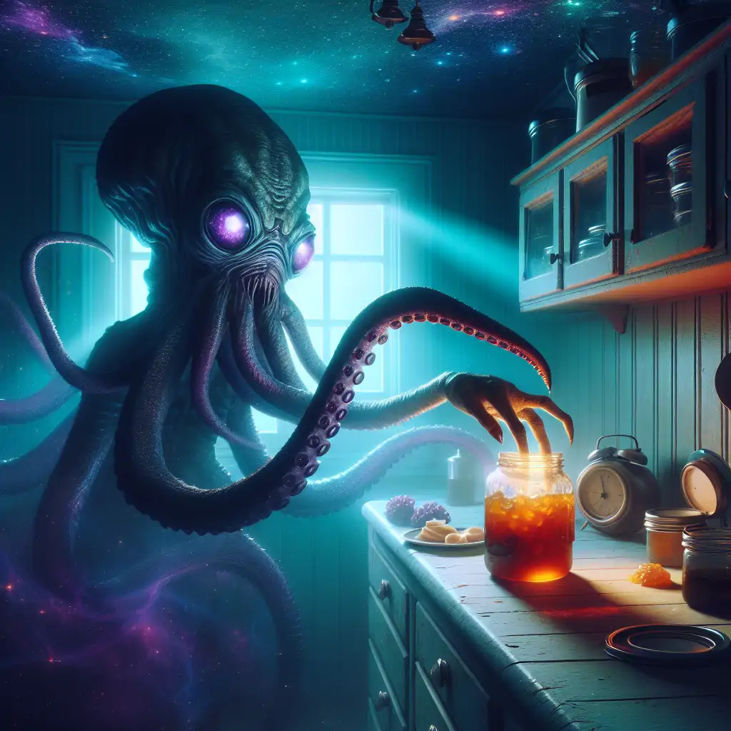 An alien tentacle reaching for a jar of jelly in a kitchen.