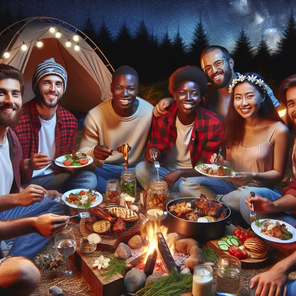 A group of campers enjoying a gourmet meal around a campfire.