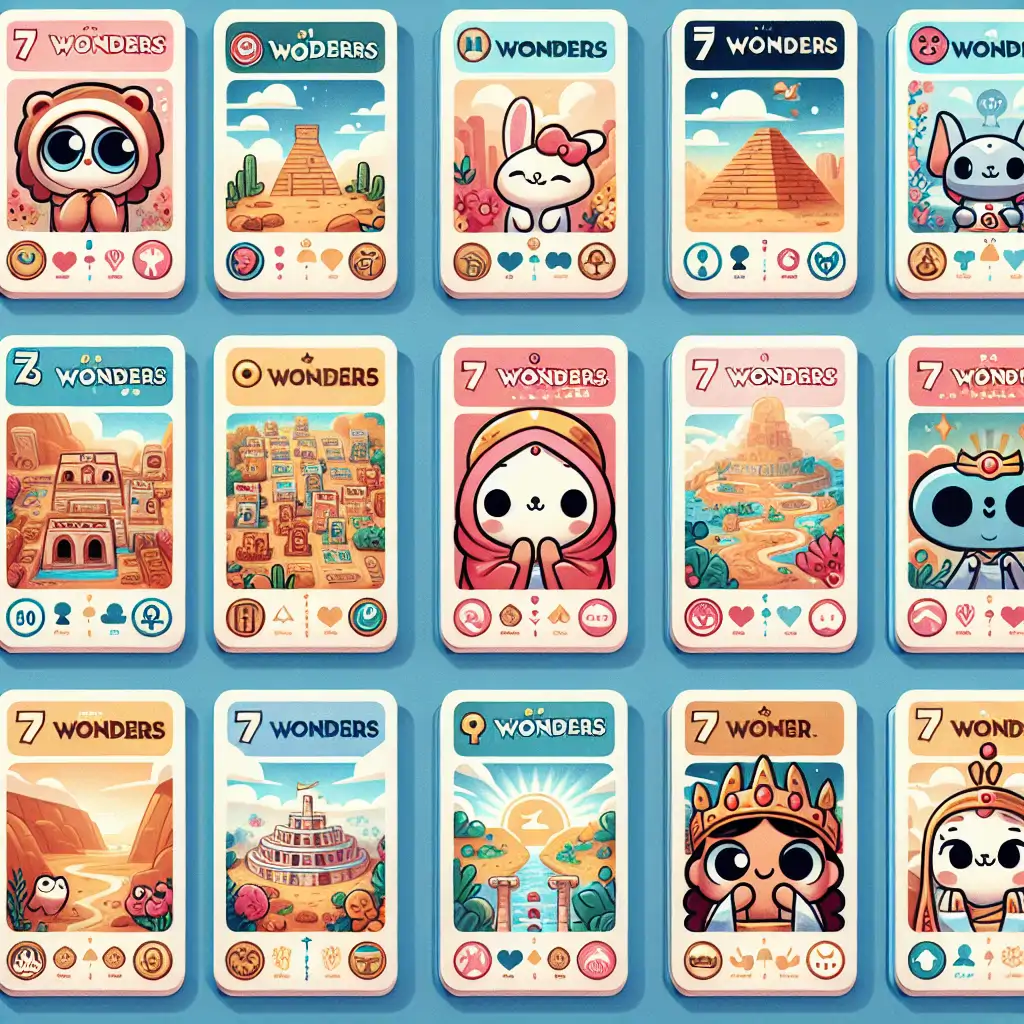 A diverse collection of 7 Wonders cards spread out, showcasing different strategies