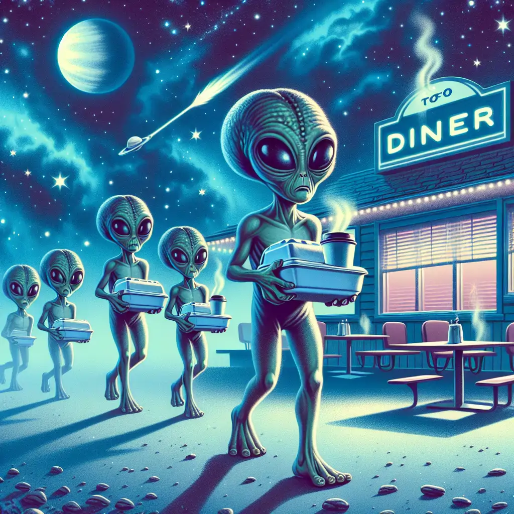 An artist’s impression of aliens leaving a diner with take-out boxes and steaming cups of coffee.