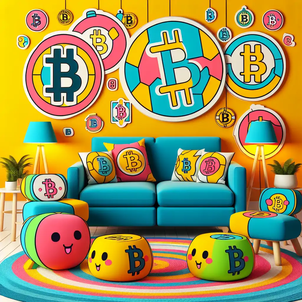 A colorful living room filled with Bitcoin-themed furniture and decor