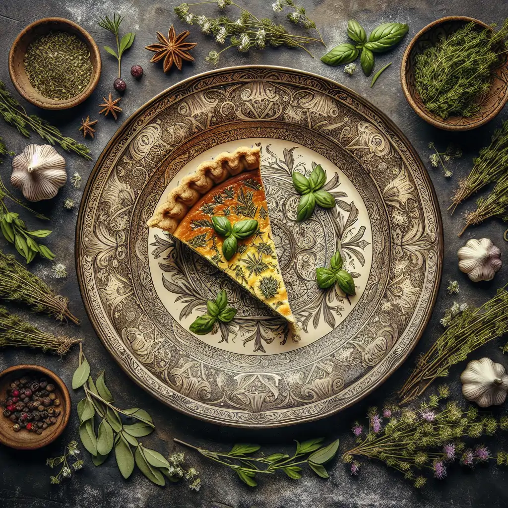 A final slice of quiche on a vintage plate, surrounded by fresh herbs, symbolizing the blend of tradition and innovation.