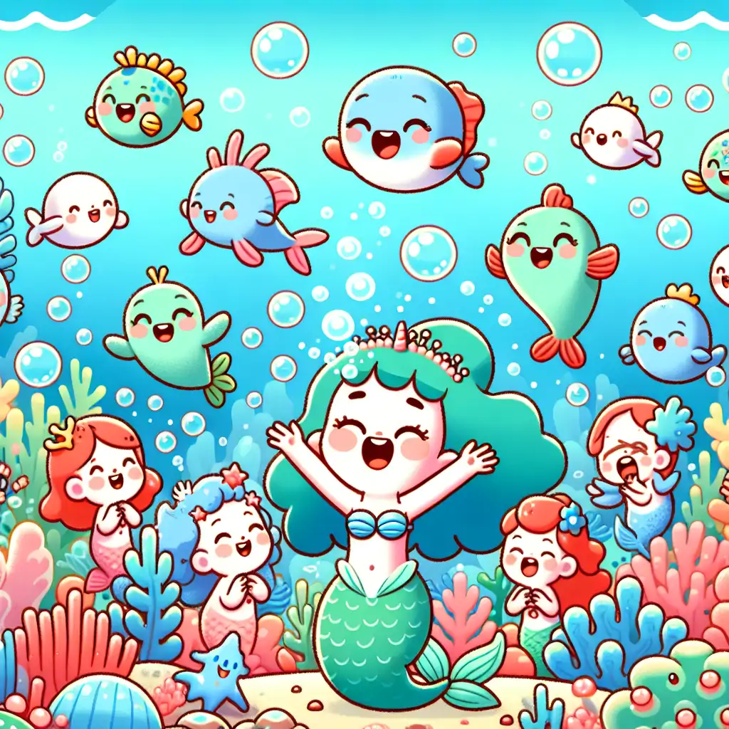 An animated scene of mermaids and sea creatures caught mid-laughter, with vibrant corals and bubbles.