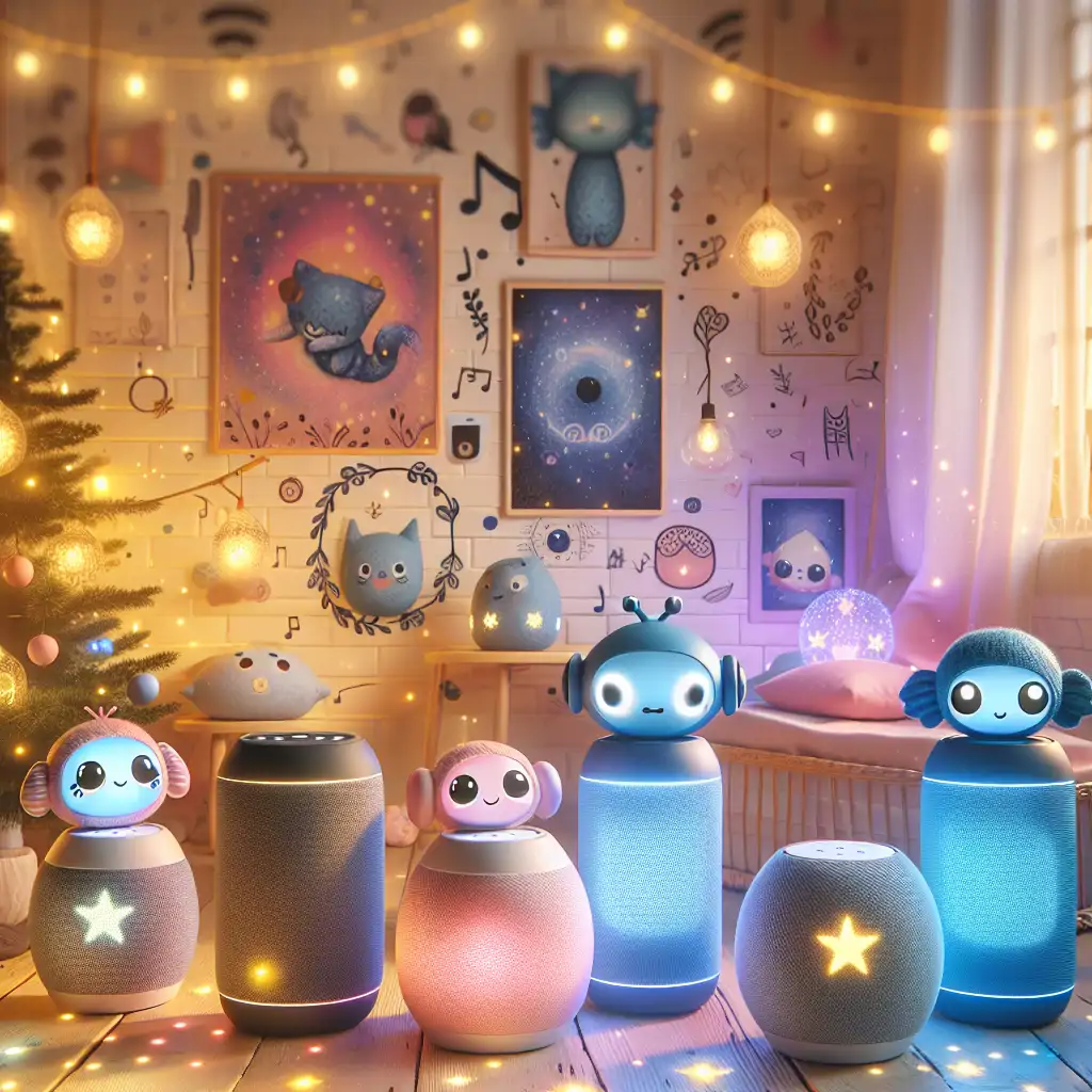 A lively room filled with various smart speakers, each glowing with ethereal light.