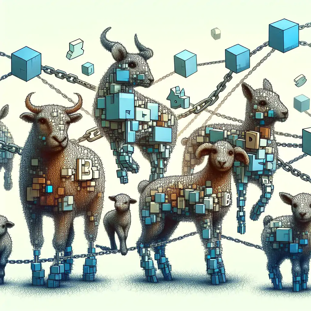 An artful rendering showcasing a variety of blockchain-based animals interacting humorously