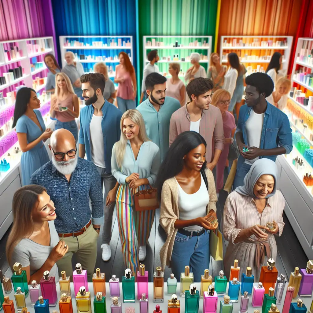 An image showing shoppers in a perfumery, capturing the essence of exploring scents and their impact on customer experience.