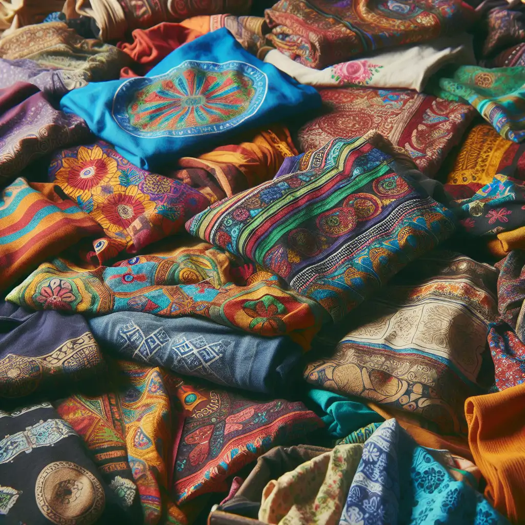 A pile of colorful and patterned old t-shirts ready for upcycling.
