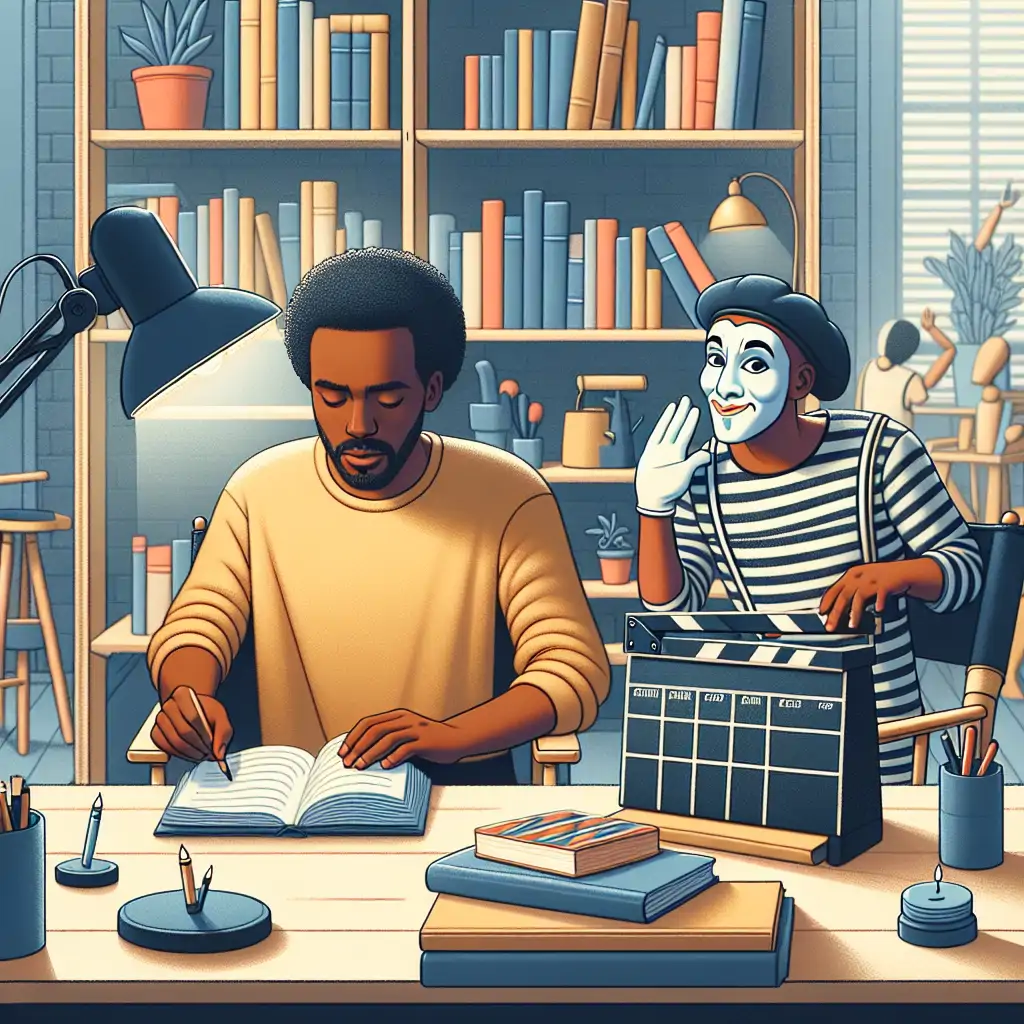 Agnes directing a film using notes while surrounded by household objects and a mime artist.