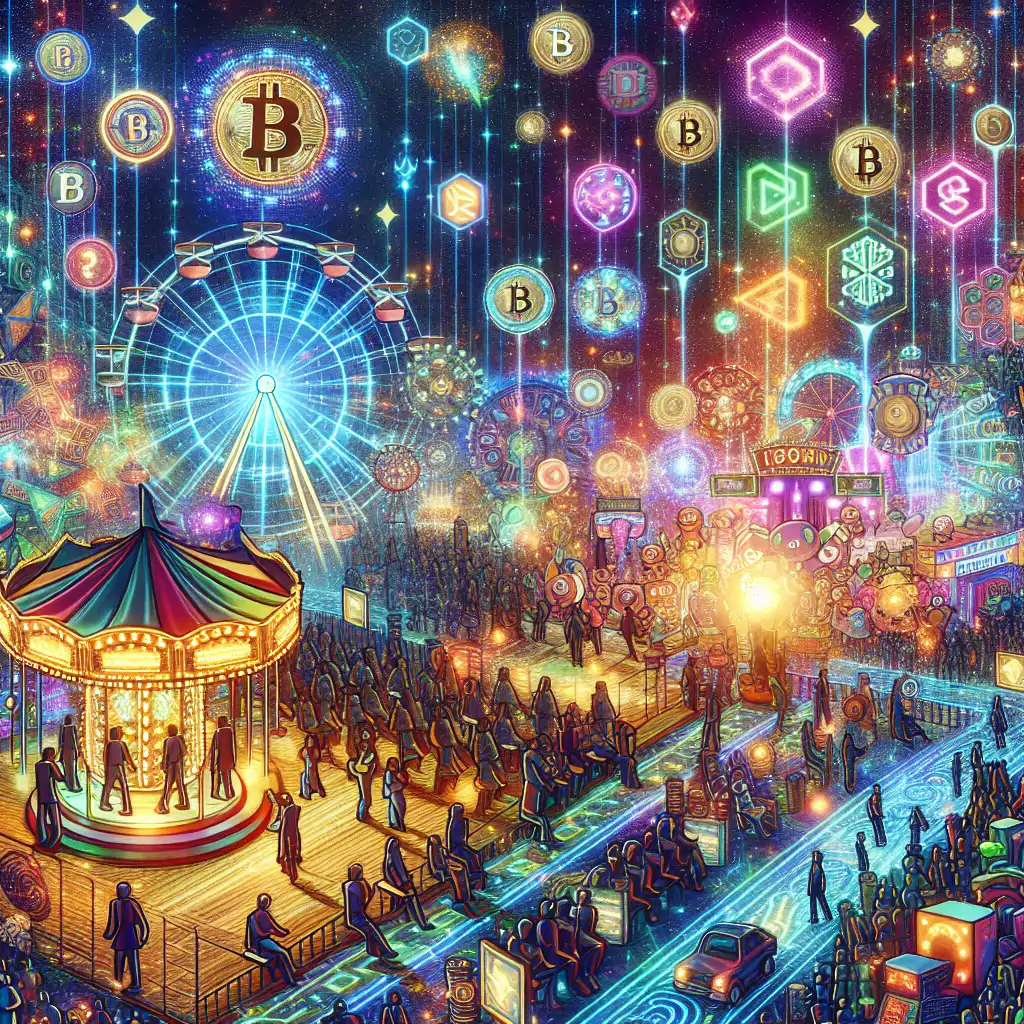 A chaotic digital carnival scene with diverse attractions depicting the various acts described, full of colorful lights and crypto-themed elements.