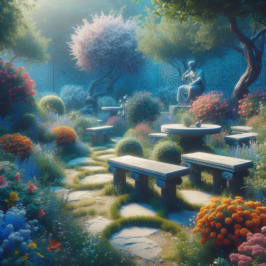 A serene garden where ancient Greek philosophers might have gathered, featuring low stone benches, blooming flowers, and a relaxed, inviting atmosphere.