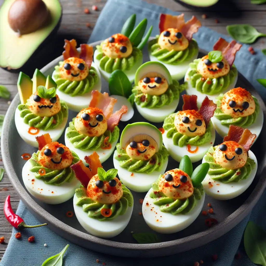 A colorful platter of revamped deviled eggs with avocado, bacon, and sriracha garnishes.