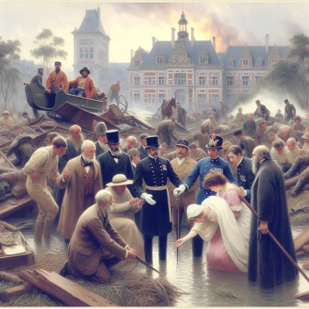 A historic painting showing surviving officials being helped after the fall.