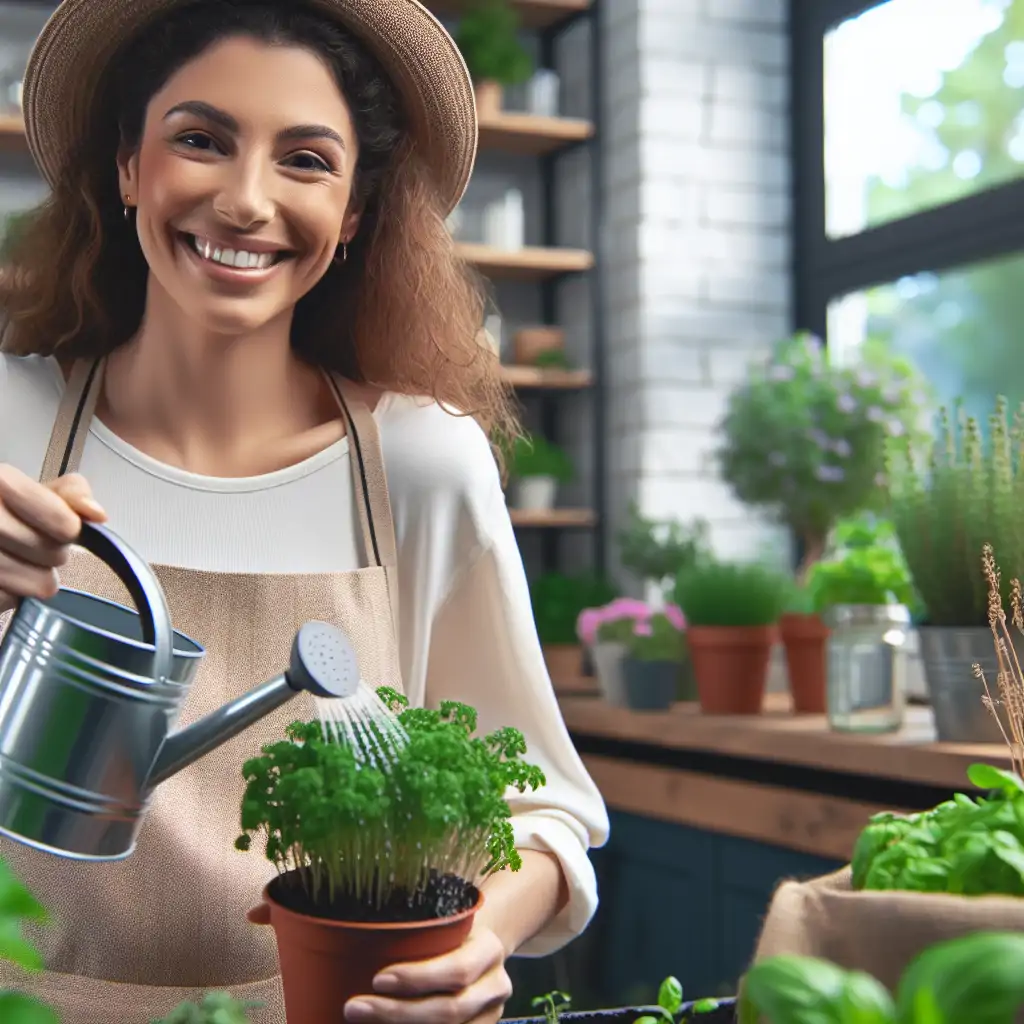 A satisfied gardener watering her indoor herb garden with a smile, symbolizing joy and accomplishment.
