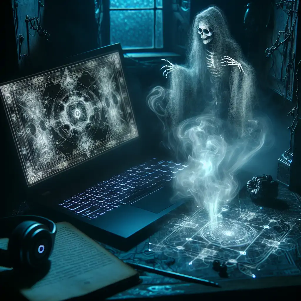 An eerie laptop with a ghostly apparition hovering near the screen, ethereal poetry faintly visible.