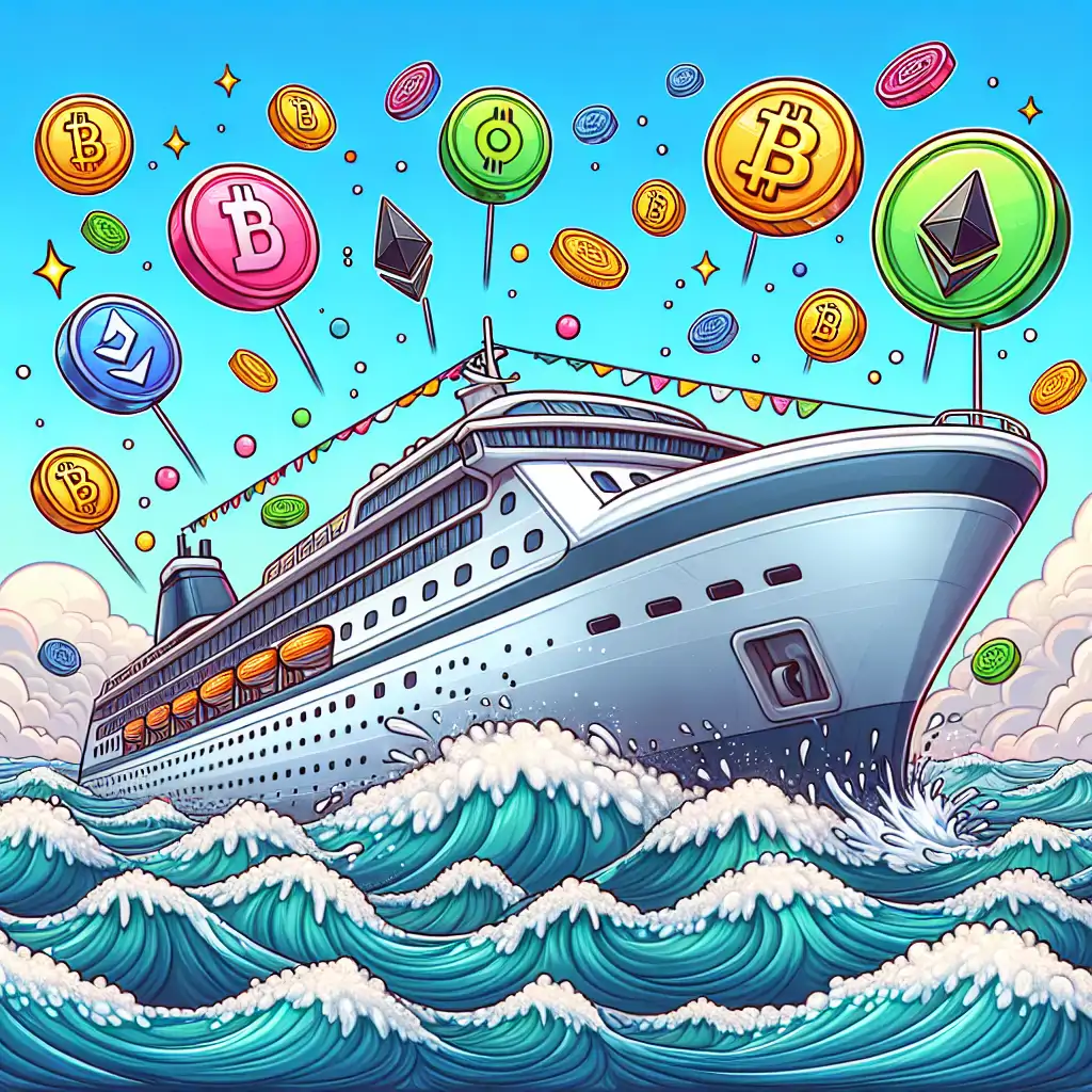 A lively depiction of a large cruise ship, surrounded by symbols of cryptocurrencies, navigating through turbulent seas.