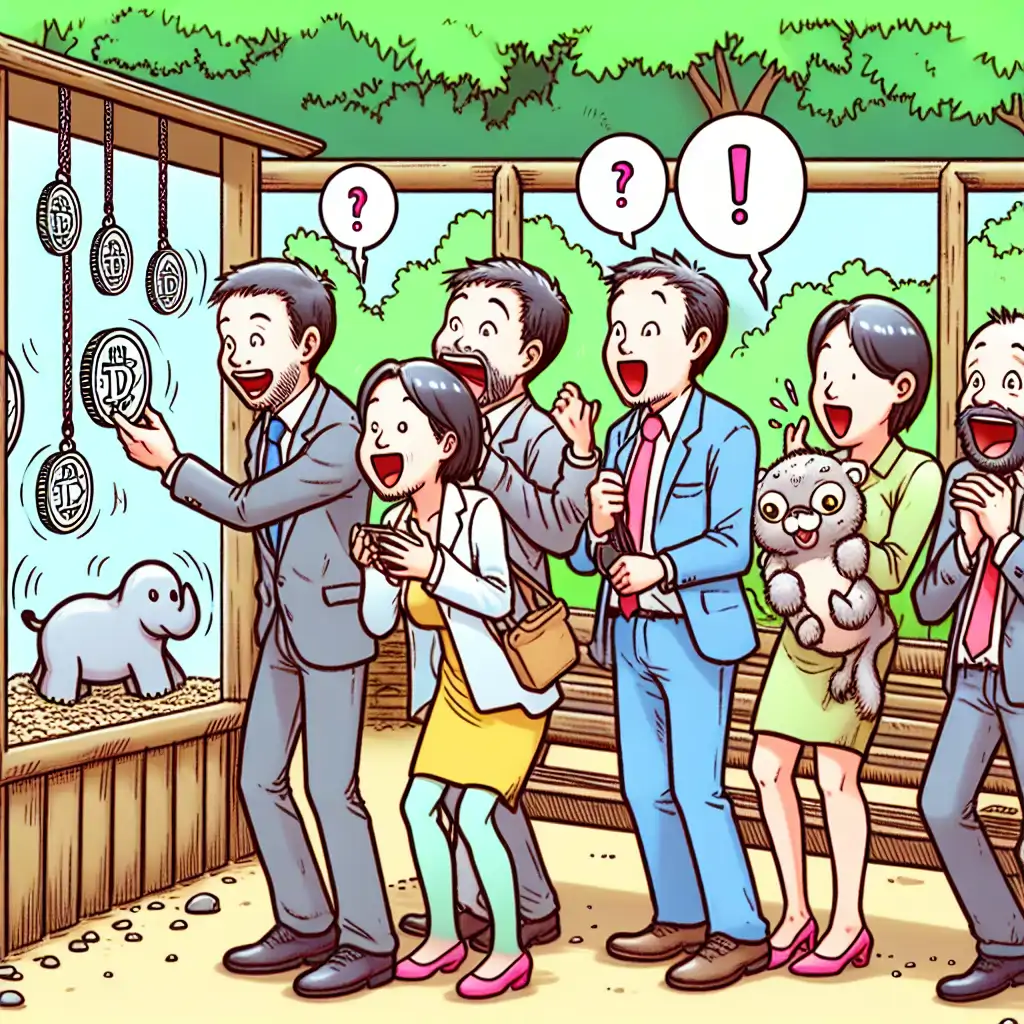 A humorous cartoon of investors interacting with digital animal tokens, reminiscent of a classic zoo outing