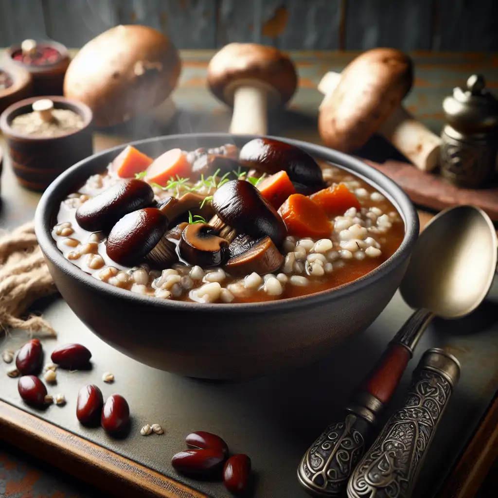 A steaming bowl of Vegan Mushroom and Barley Stew set in a rustic Viking-themed kitchen.