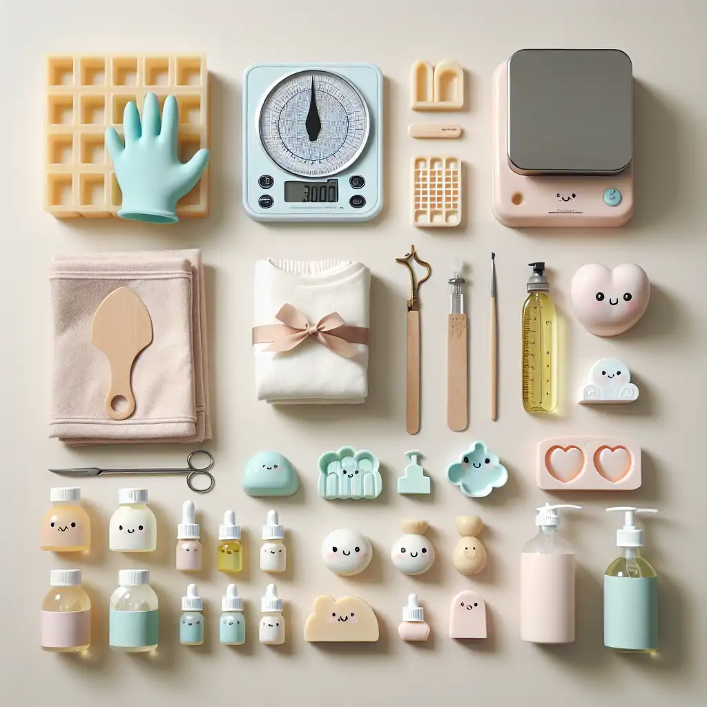 An image of essential soap-making tools, including a scale, gloves, oils, and molds laid out on a clean surface.