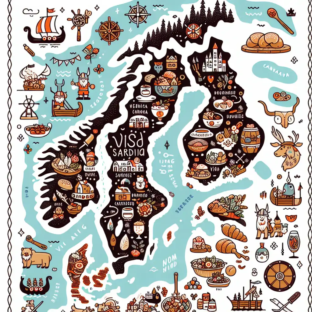 An illustrated map of Scandinavia with Viking-inspired motifs, symbolizing culinary exploration.