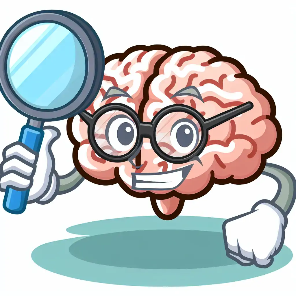 A cartoon illustration of a brain wearing glasses and holding a magnifying glass, symbolizing the study and investigation in neuropsychology.