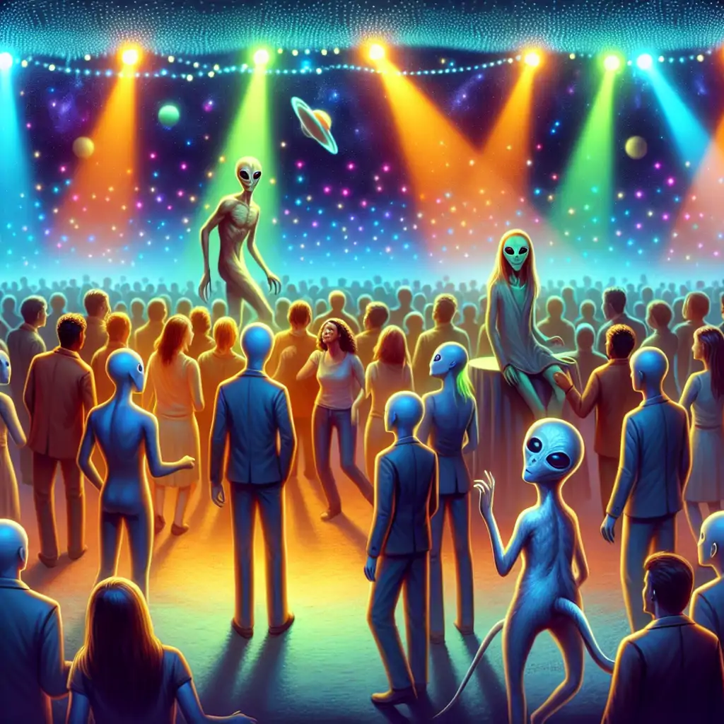 Artistic rendering of aliens observing a human dance party, with vibrant colored lights matching the music.