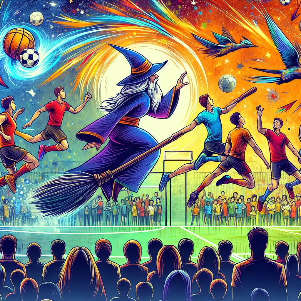 A dynamic illustration of Quentin orchestrating a lively Quidditch match with participants of all ages, onlookers captivated by the spectacle.
