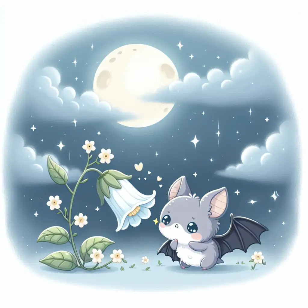 An image depicting a bat approaching a bat flower for pollination, under the moonlit sky.