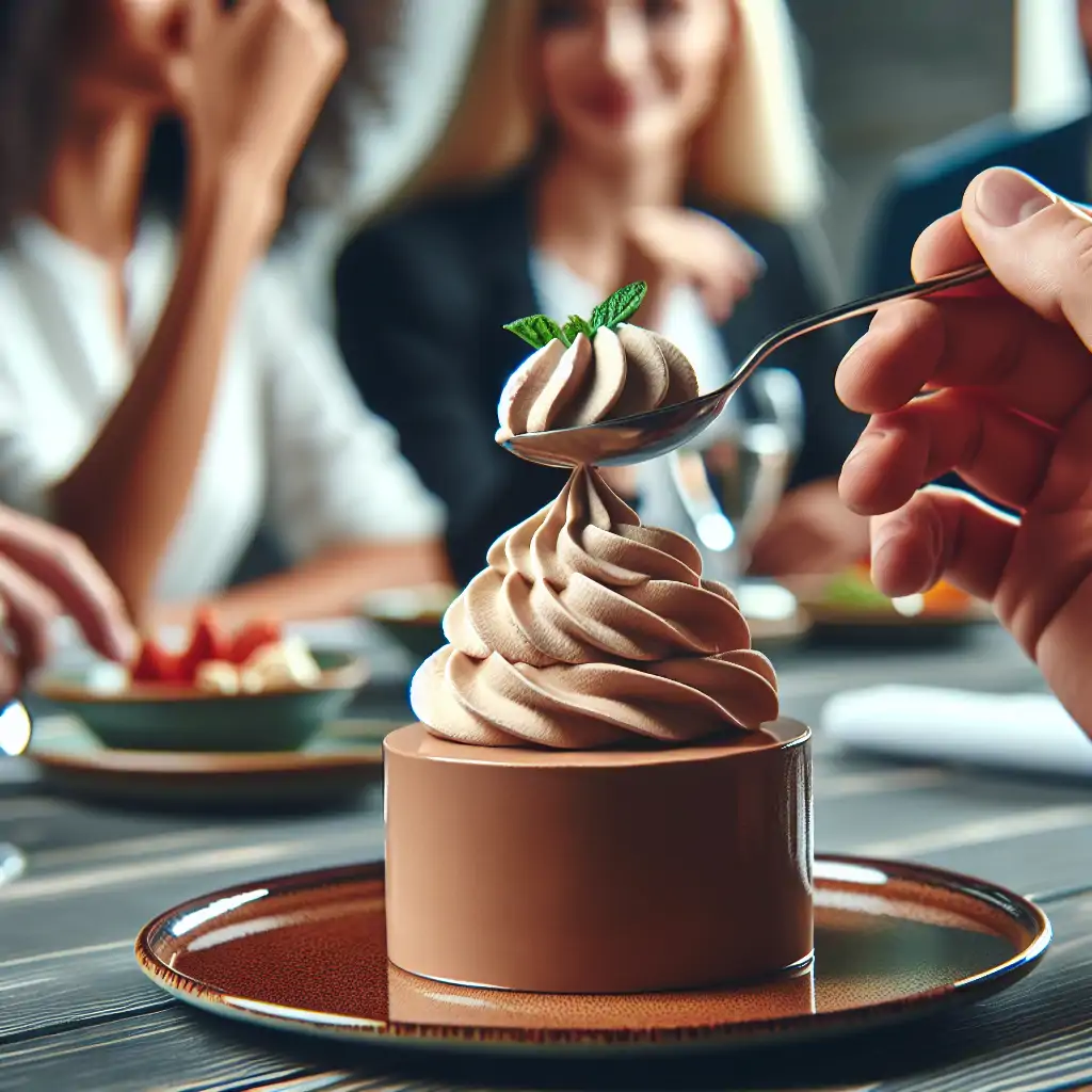 Close-up of a perfectly whipped, modern mousse with a vintage twist aspect, tasted by diners.