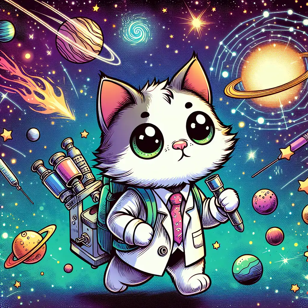 A comic-style illustration of a sci-fi cat exploring a galaxy while holding scientific tools