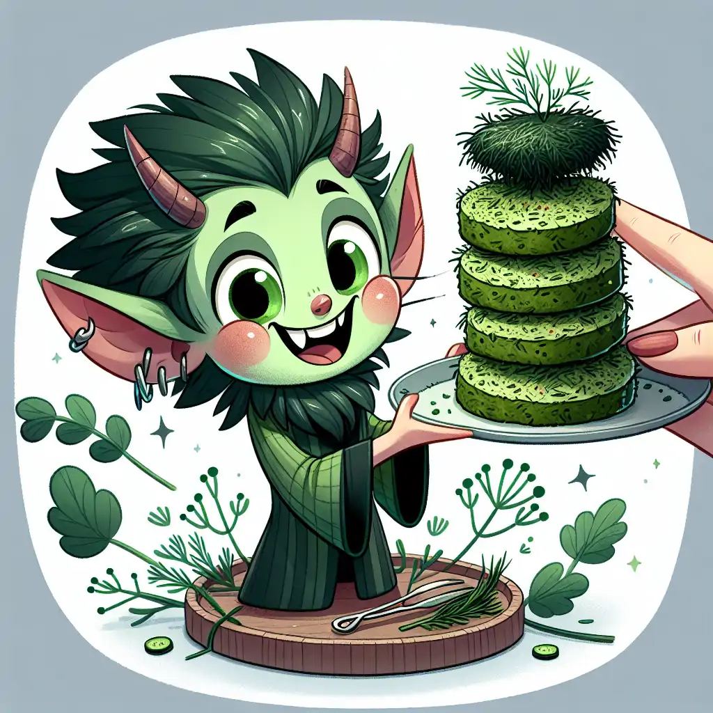 A playful illustration of Loki grinning mischievously as he presents a plate of Vegan Dill and Seaweed Cakes.