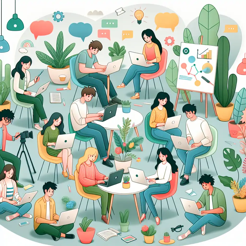 An uplifting image of bloggers collaborating and brainstorming, emphasizing unity, creativity, and the future of digital storytelling.