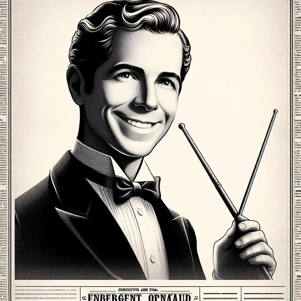 A final, elegant portrait of Mortimer smiling with a conductor’s baton.
