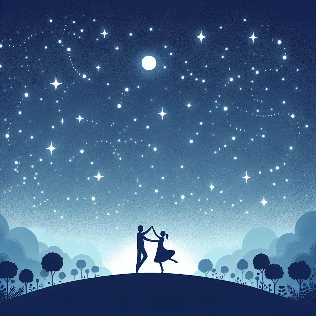 A starry sky with silhouettes of dancing figures, suggesting harmony between Earth and the cosmos.