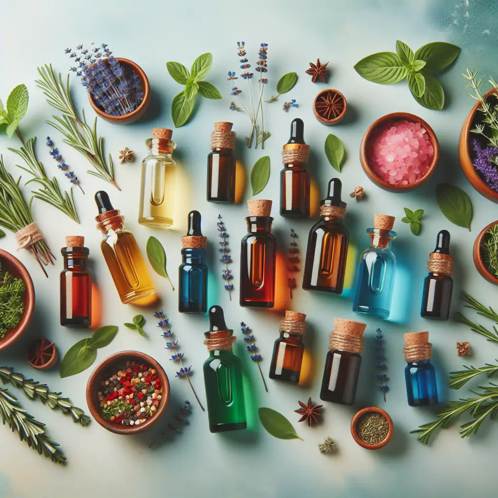 An array of colorful essential oils bottles and fresh herbs arranged aesthetically.