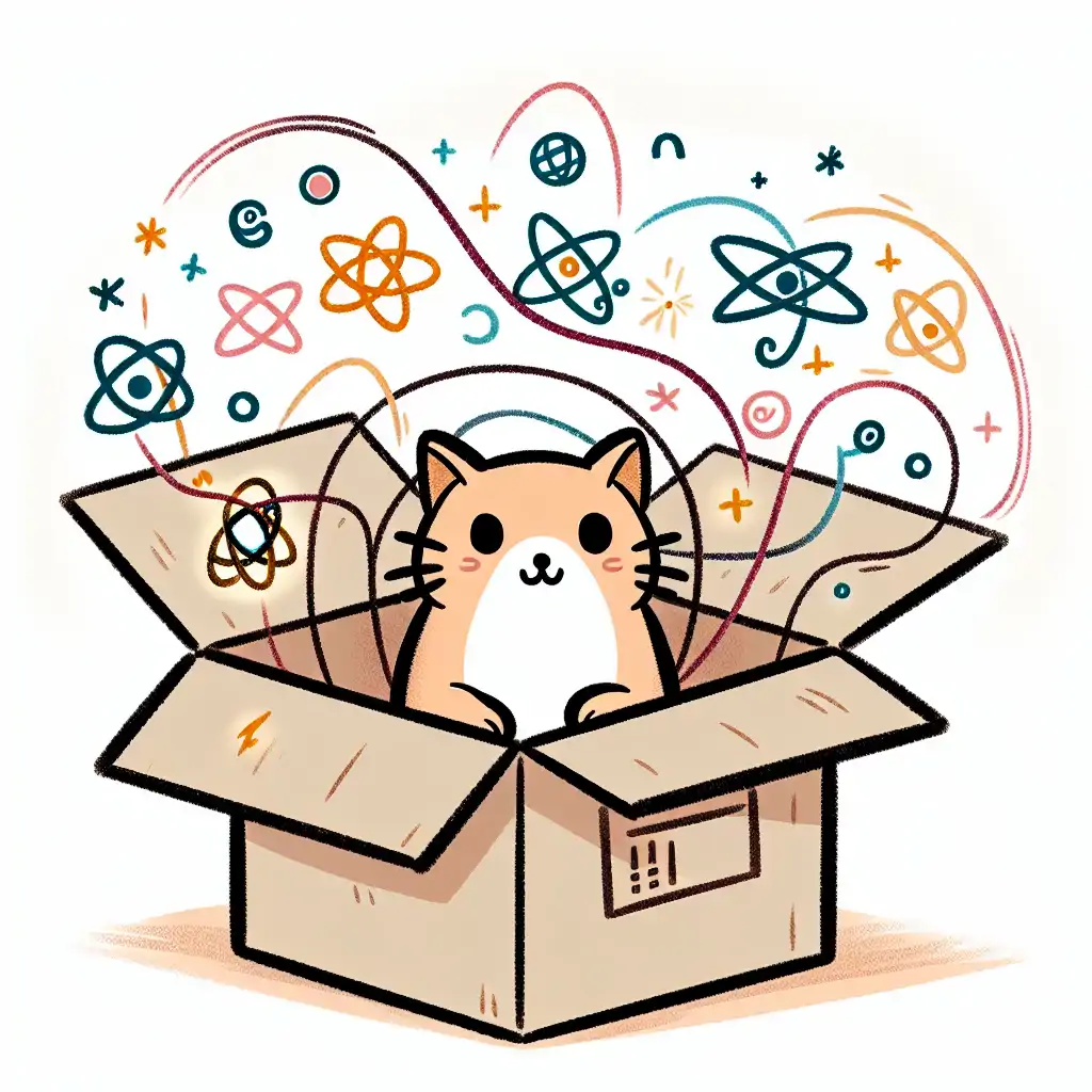 A whimsical illustration of a cat peeking out from a box with quantum symbols surrounding it
