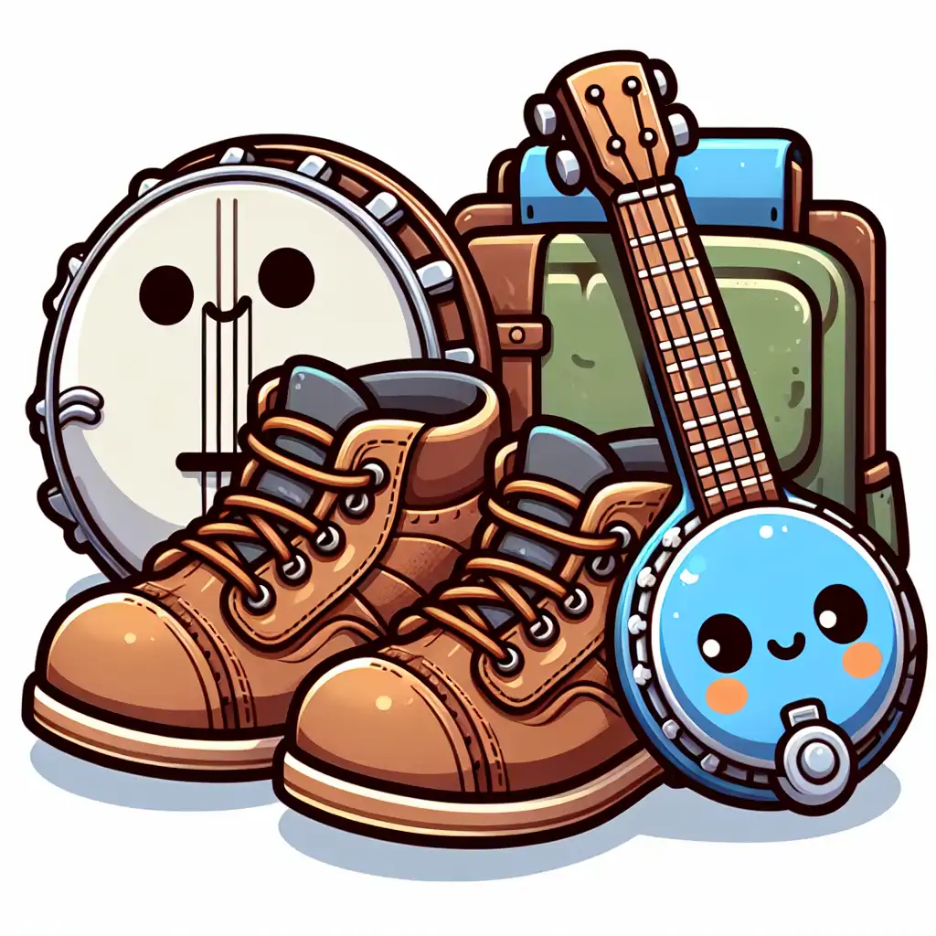 A pair of rugged hiking boots beside a cheerful banjo.