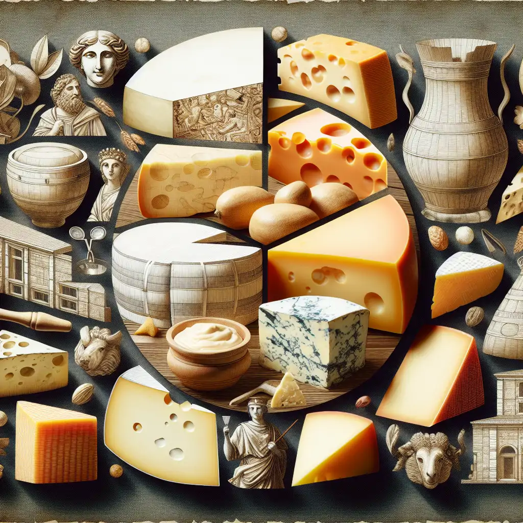 A collage of archaeological drawings and modern cheese varieties that trace their origins back to historical practices.