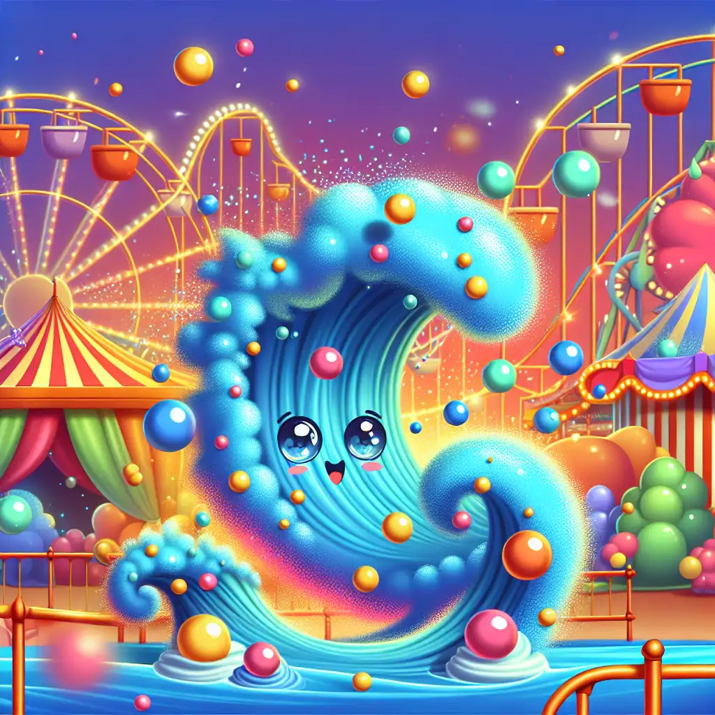 A whimsical depiction of particles and waves intermingling in a carnival setting.