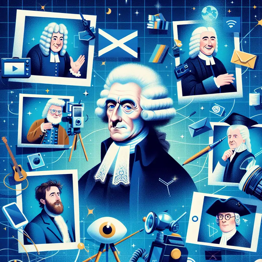 A whimsical depiction of David Hume surrounded by modern-day YouTube stars and iconic thumbnails, highlighting the blend of historical and contemporary.