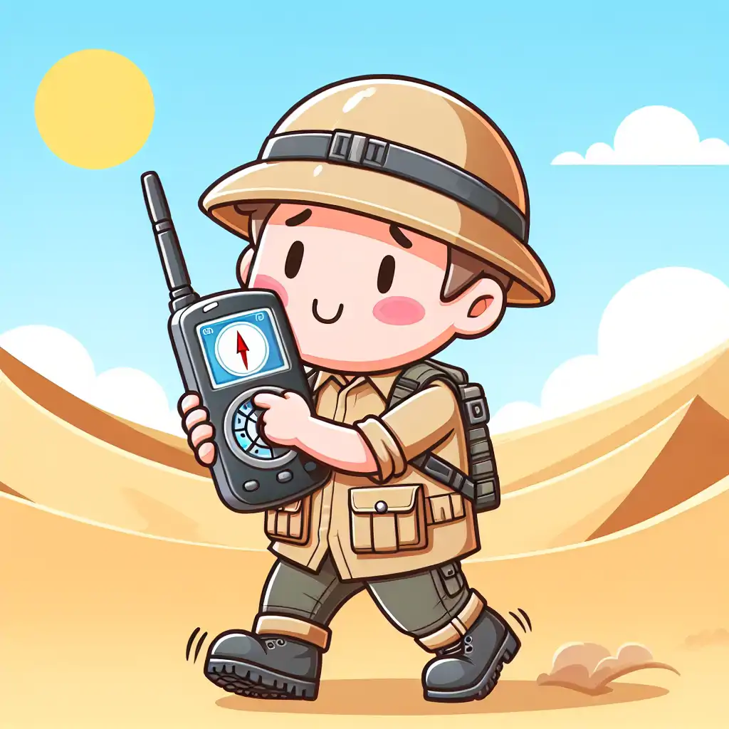 A humorous illustration of a geologist tangled in a GPS device amidst towering sand dunes.