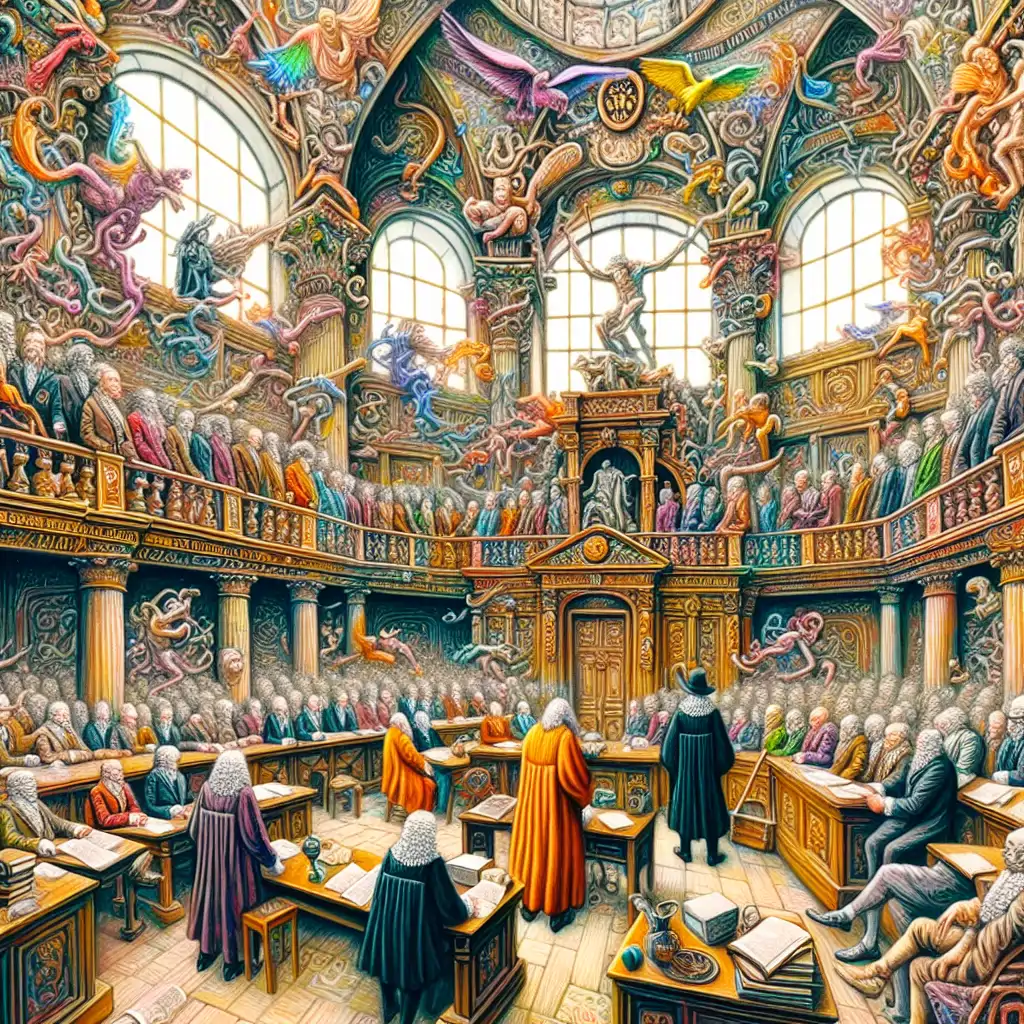 A vivid, surreal painting illustrating the chaotic courtroom scene of the Cadaver Synod.