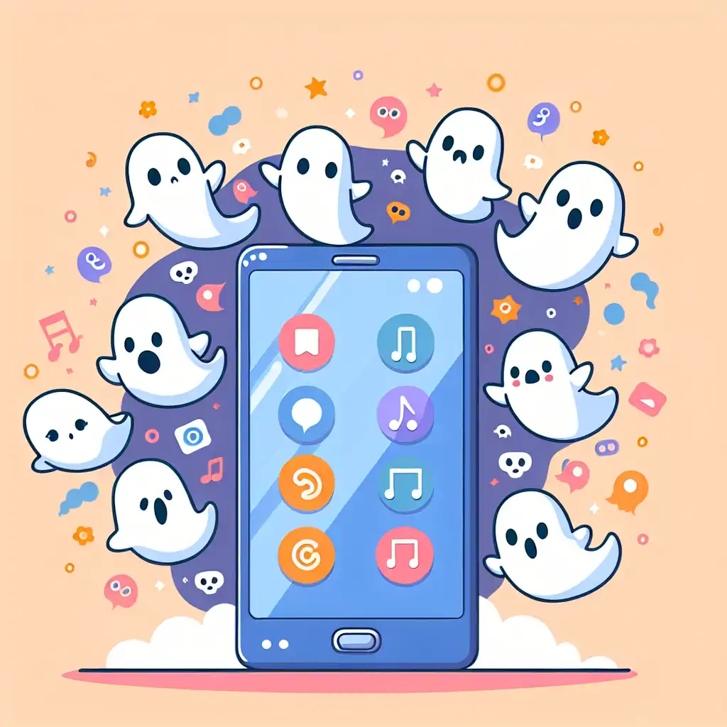 A whimsical cartoon showing a phone with ghostly icons swirling around it