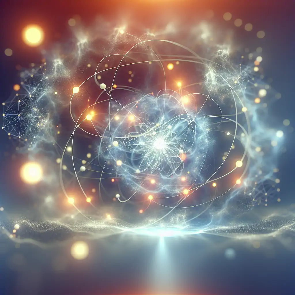 An abstract visualization of quantum entanglement with interconnected particles exchanging information