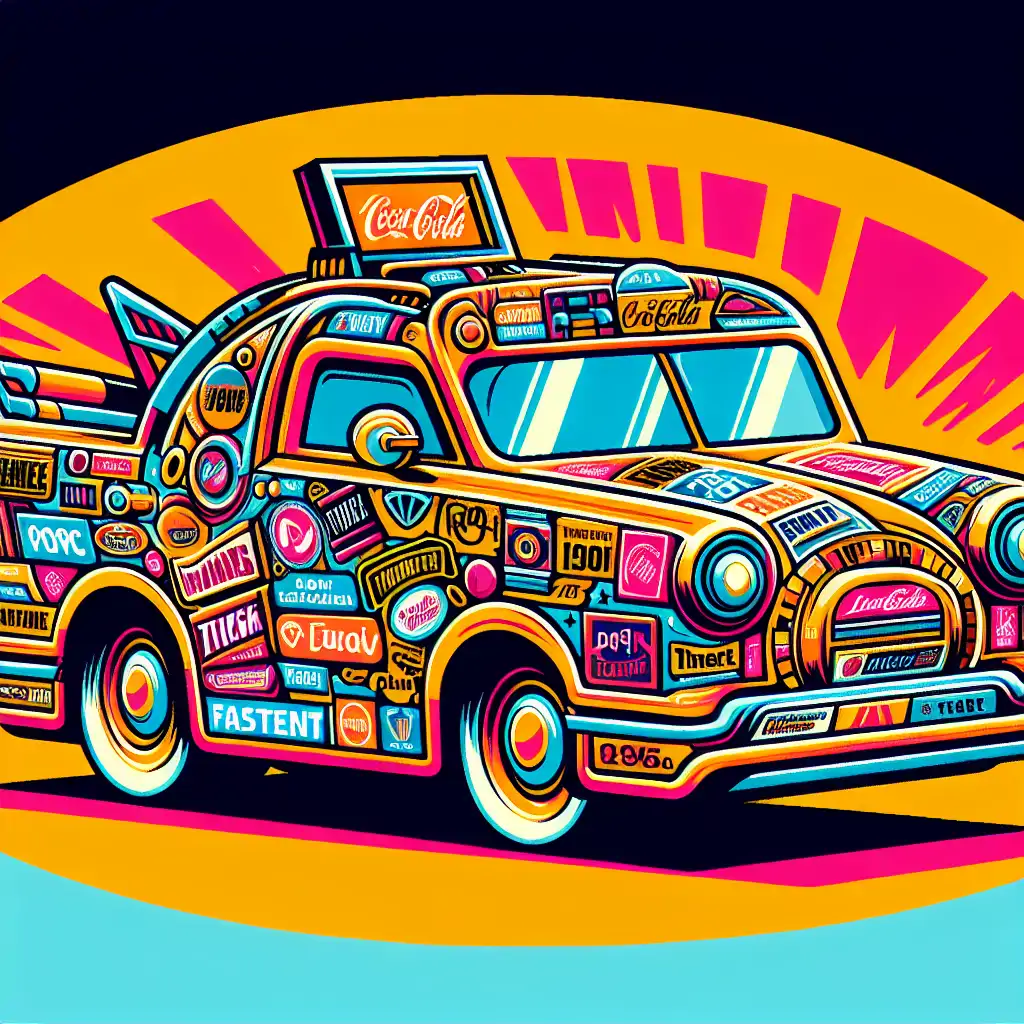 A colorful time machine filled with iconic retro brand logos.