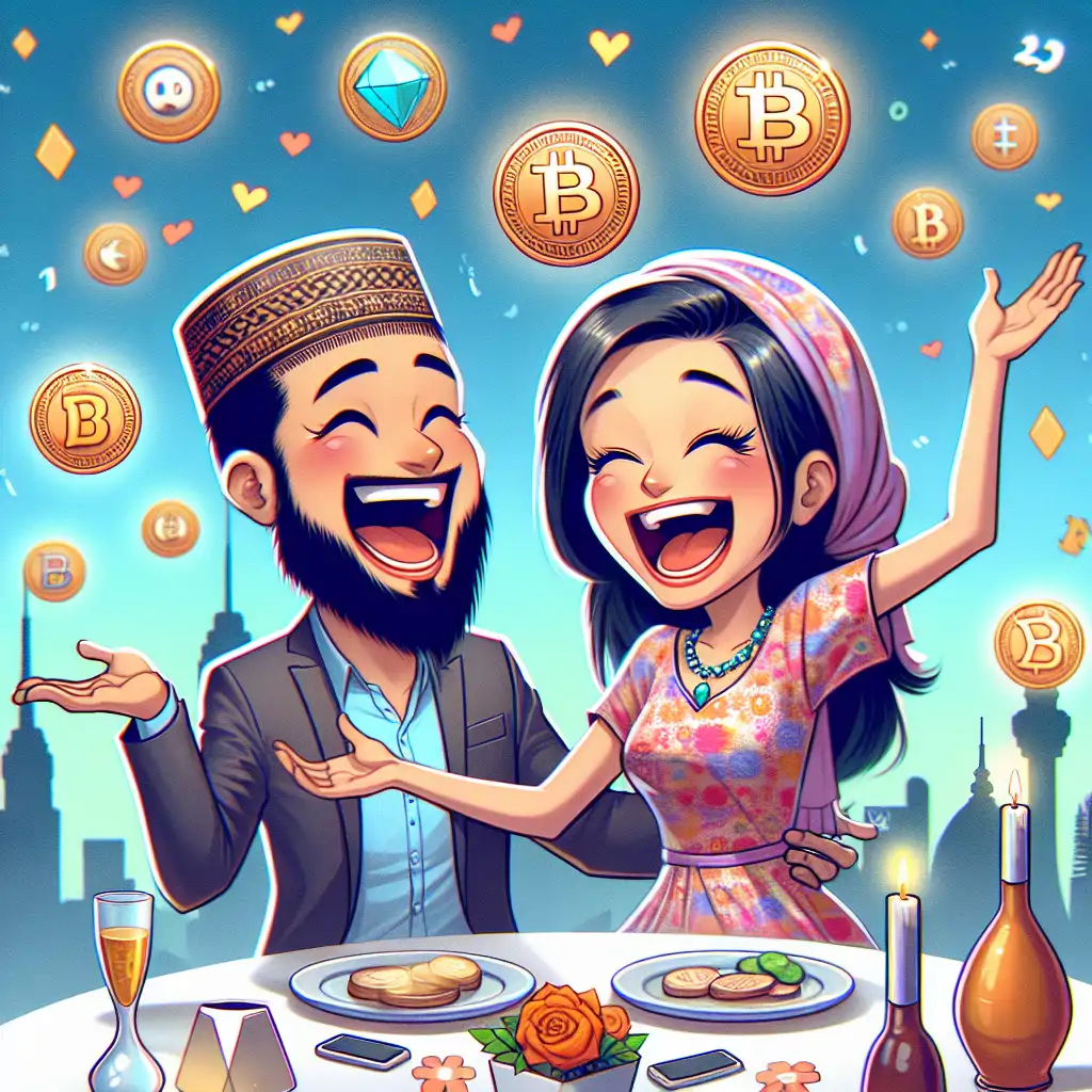 A comical digital illustration of a couple on a blockchain-themed date, surrounded by floating cryptocurrencies.