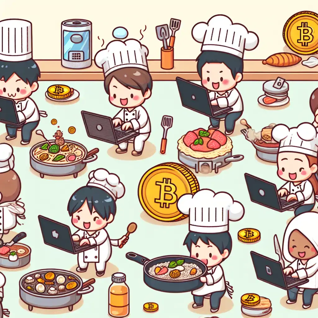 Chefs in a chaotic kitchen with laptops and various crypto-themed dishes