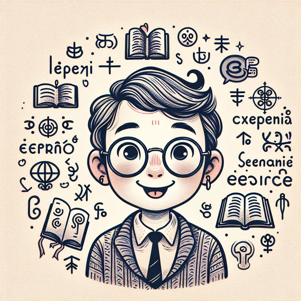 A whimsical portrait of Wilbur surrounded by books and languages from around the world.