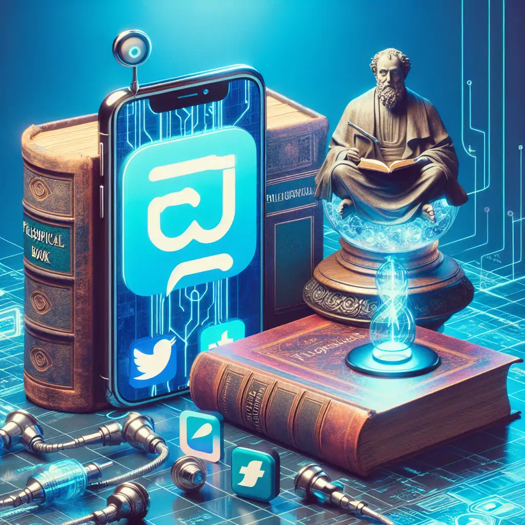 A collage showing an old philosophical book side-by-side with a modern smartphone and Twitter's logo, highlighting the juxtaposition of dense philosophical texts and quick, modern tweets.