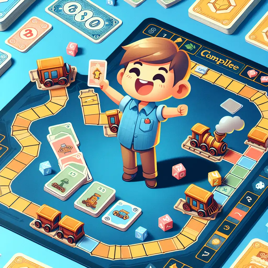 A triumphant player holding a train card, surrounded by a completed Ticket to Ride board, reflecting the culmination of a thrilling game.