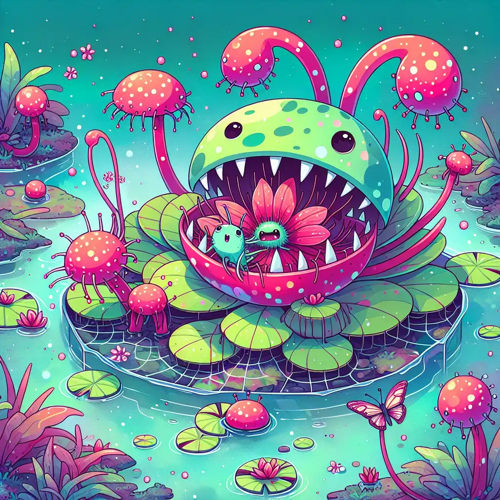 A vibrant image of an aquatic carnivorous plant capturing prey